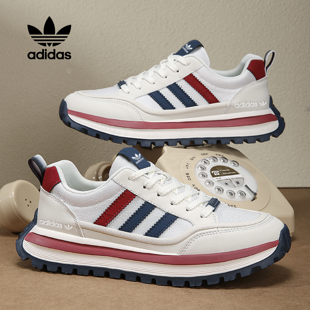 Biele tenisky adidas s retro štýlom a farebnými pruhmi